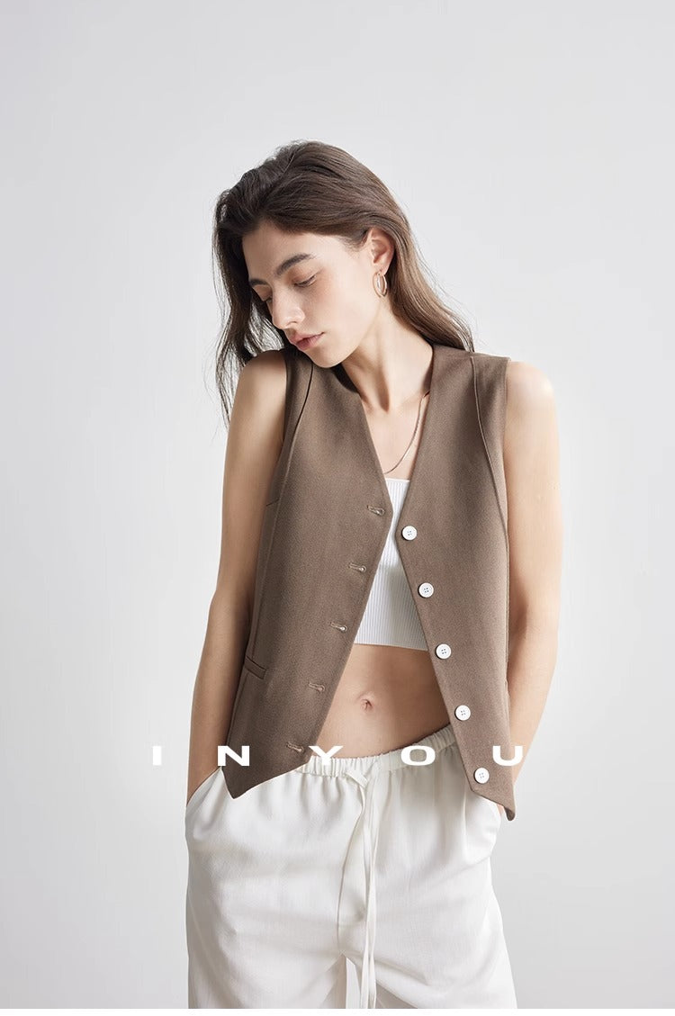 Short linen thin V-neck vest_BDHL5886