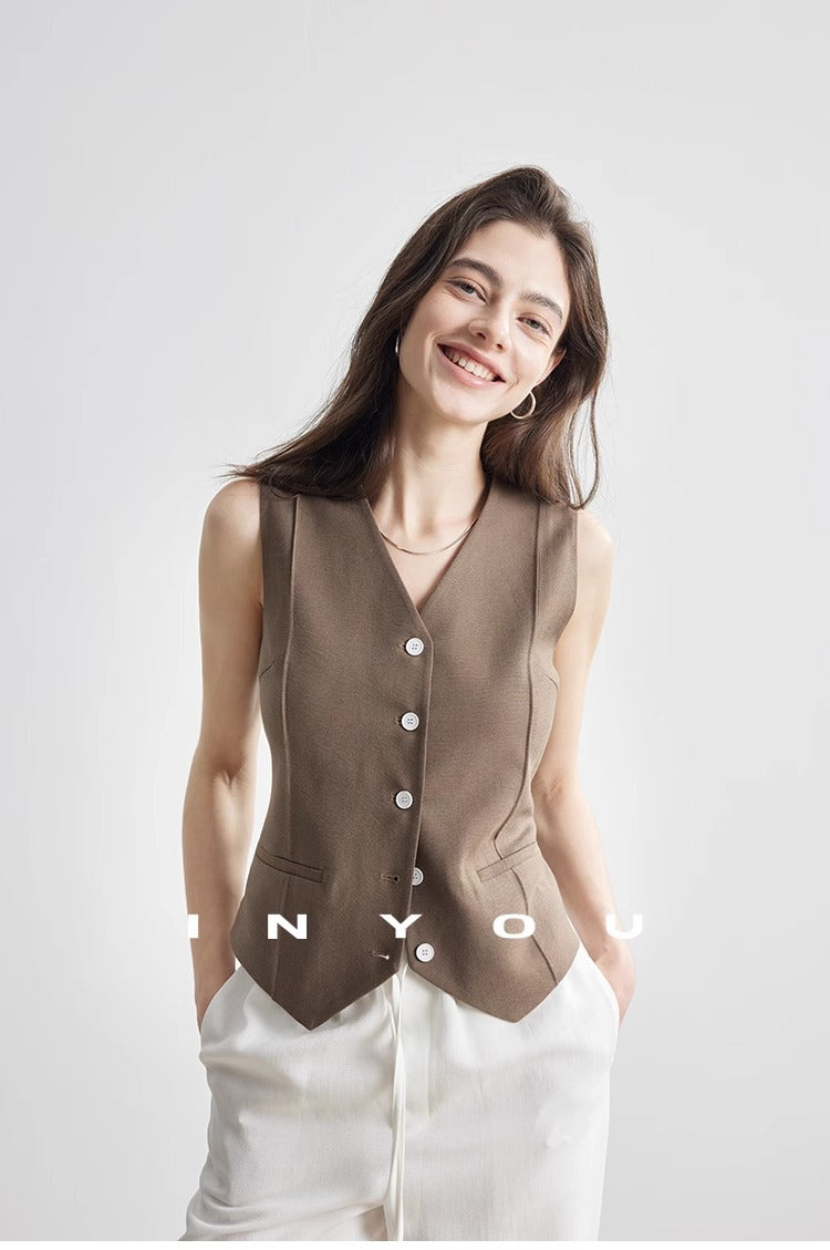 Short linen thin V-neck vest_BDHL5886