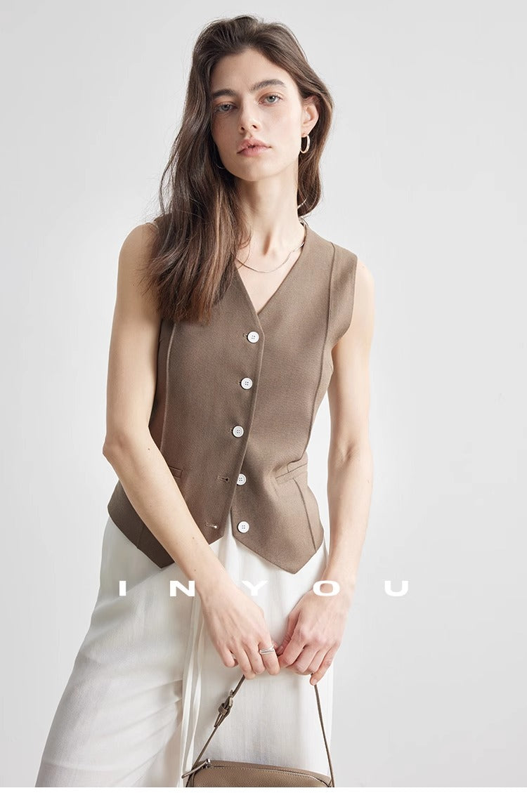 Short linen thin V-neck vest_BDHL5886