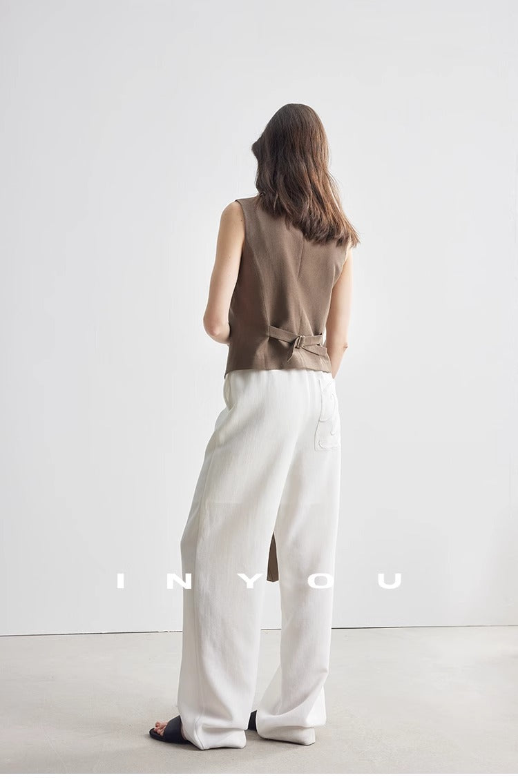 Short linen thin V-neck vest_BDHL5886