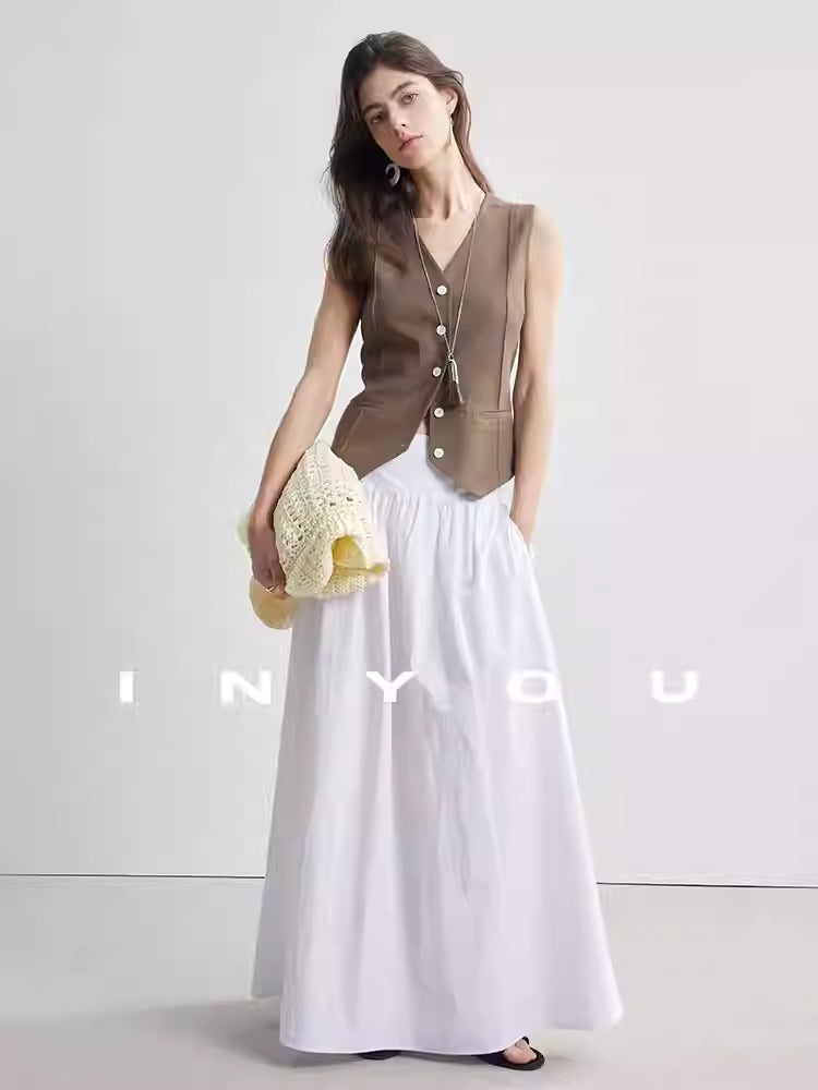 Short linen thin V-neck vest_BDHL5886