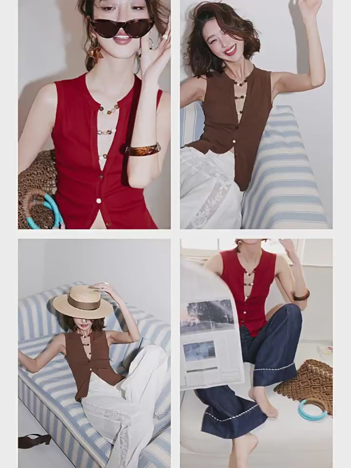 珠飾V領無袖上衣_BDHL7540