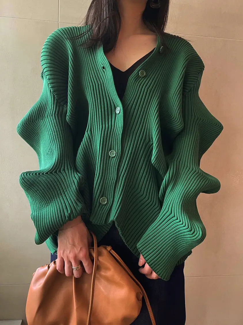 Green deformation ribbed cardigan H3386 – HELROUS