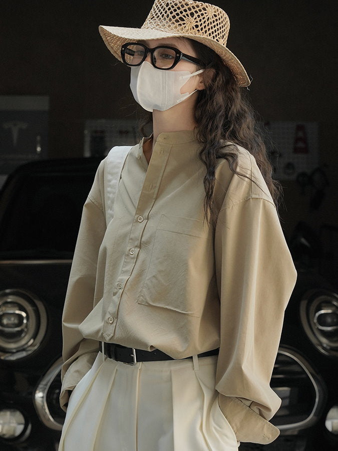 Tencel band collar long sleeve shirt_BDHL4407