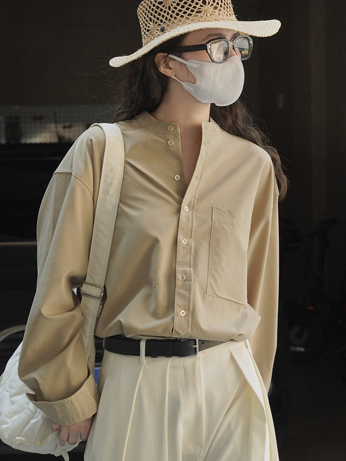 Tencel band collar long sleeve shirt_BDHL4407