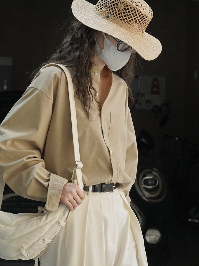 Tencel band collar long sleeve shirt_BDHL4407