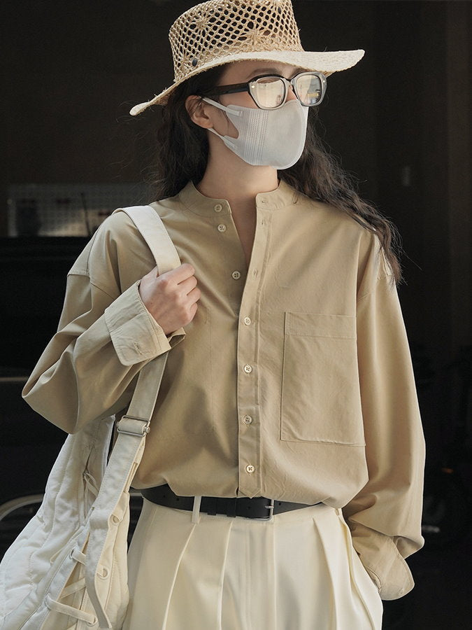 Tencel band collar long sleeve shirt_BDHL4407