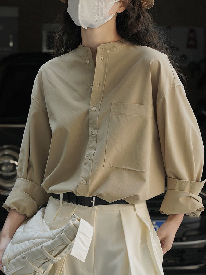 Tencel band collar long sleeve shirt_BDHL4407