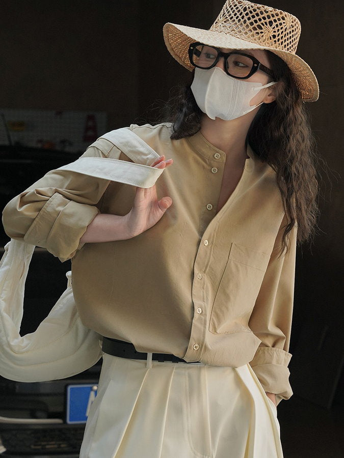 Tencel band collar long sleeve shirt_BDHL4407