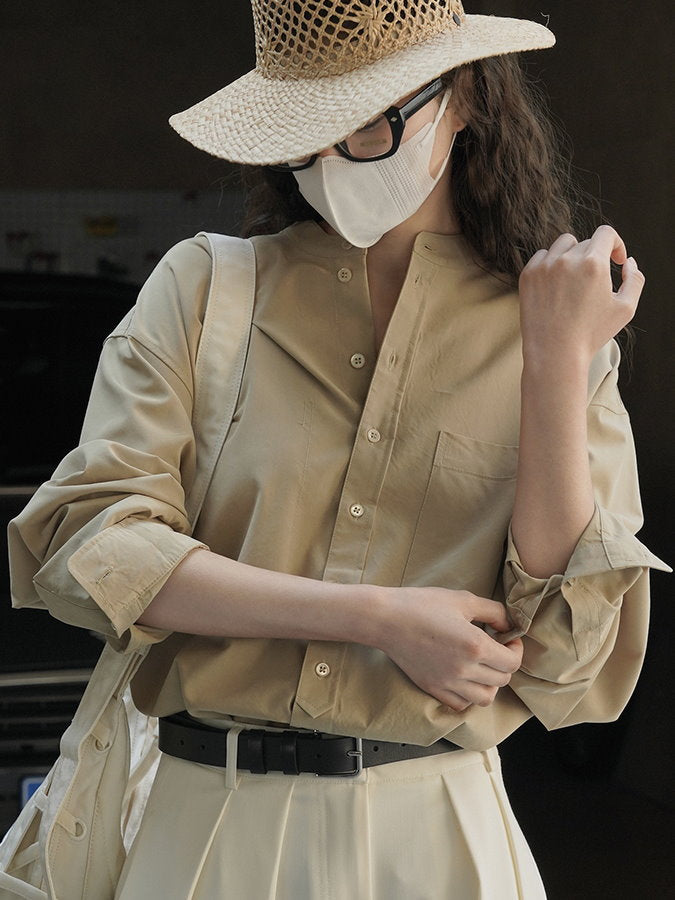 Tencel band collar long sleeve shirt_BDHL4407