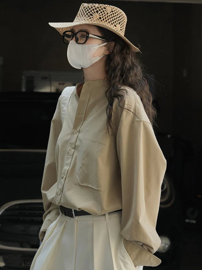 Tencel band collar long sleeve shirt_BDHL4407