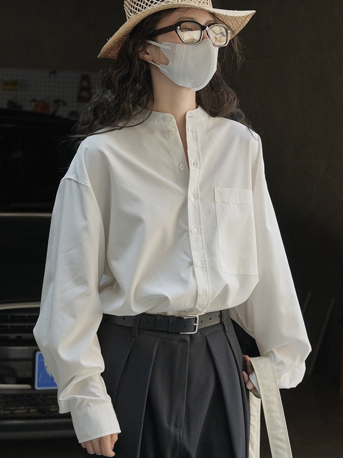 Tencel band collar long sleeve shirt_BDHL4407
