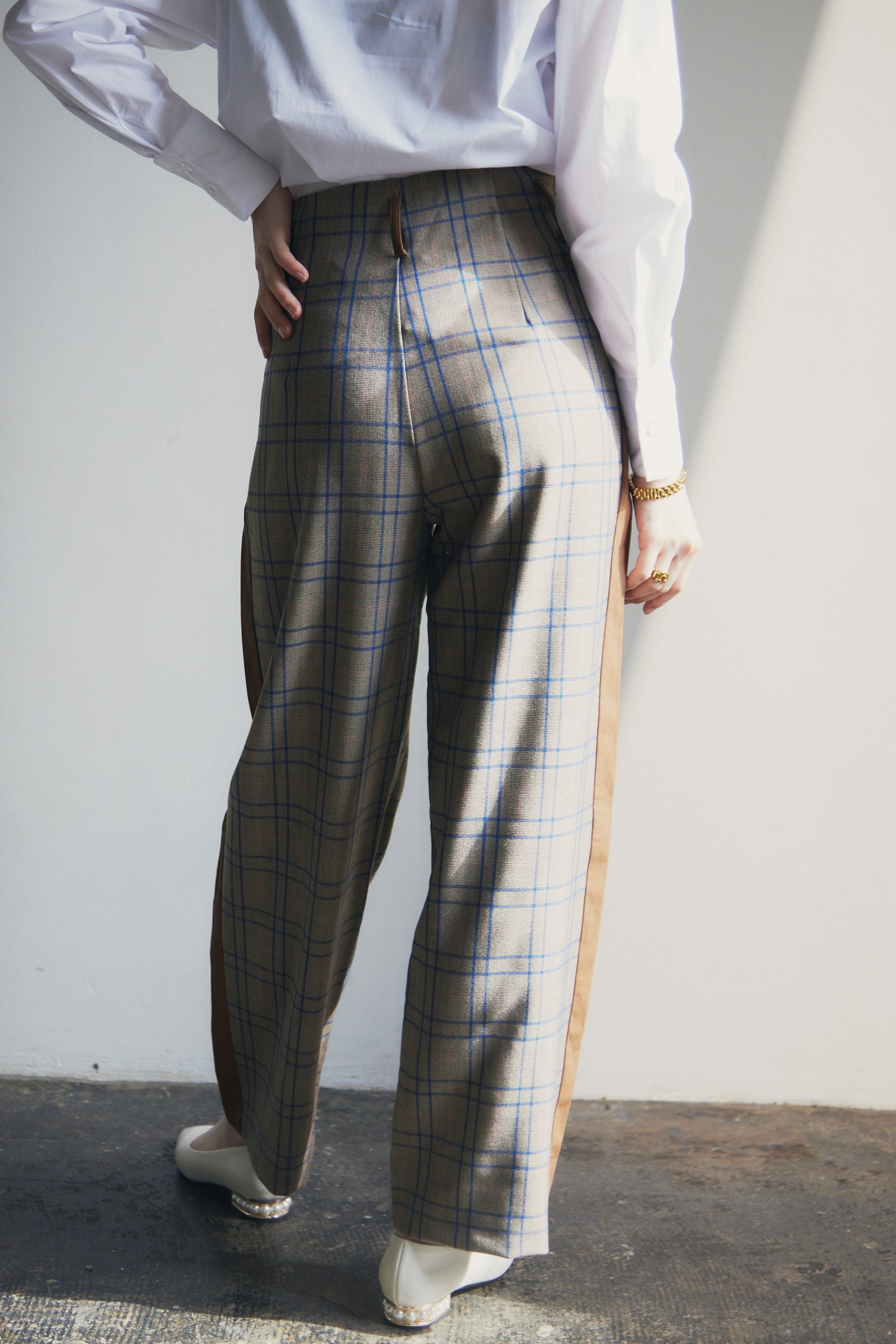 Stitched Leather Check High Waist Pants_LCHK/5220