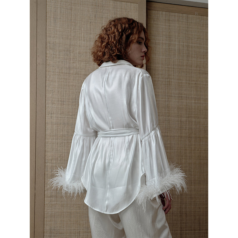 Trumpet feather sleeve top and elastic waist pants_N80421