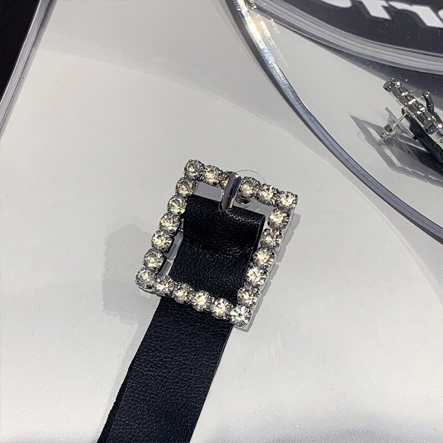 Buckle Black Leather Rhinestone Earrings 5233