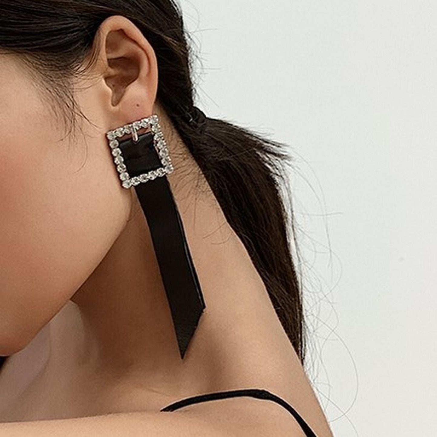 Buckle Black Leather Rhinestone Earrings 5233