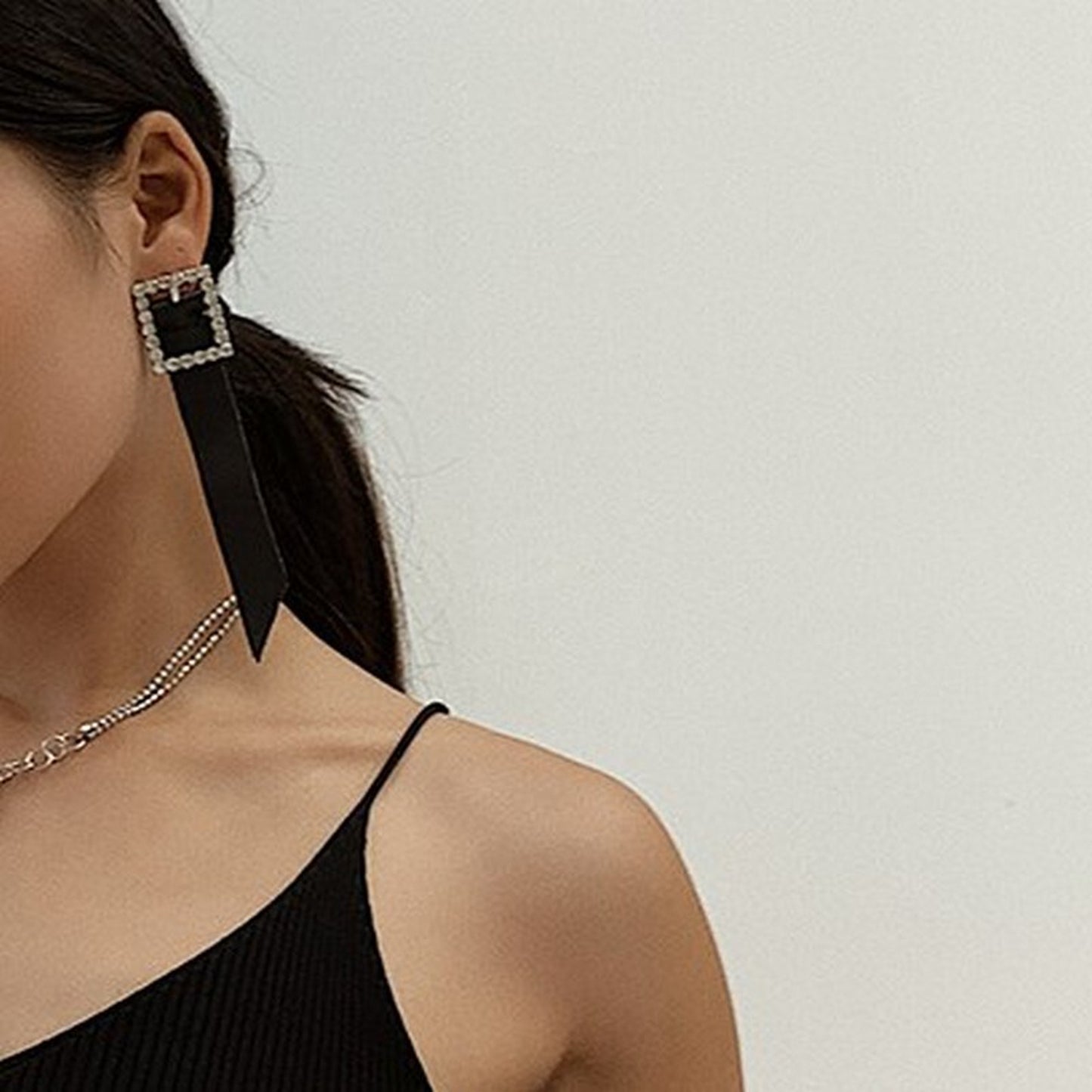 Buckle Black Leather Rhinestone Earrings 5233