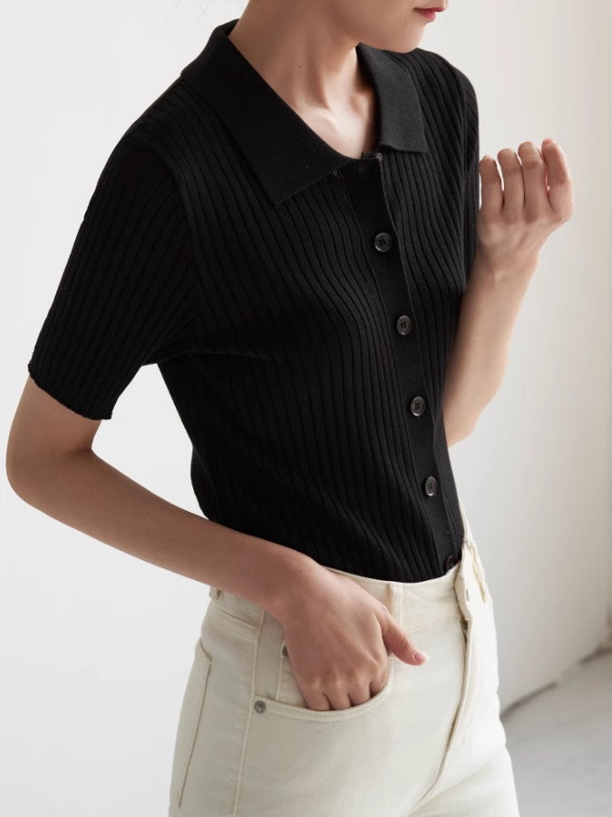 Polo Rib Knit Short-Sleeved Cardigan_BDHL4560