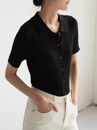 Polo Rib Knit Short-Sleeved Cardigan_BDHL4560