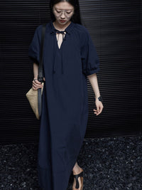 Open Tie V-Neck Mid Sleeve Dress_BDHL4620