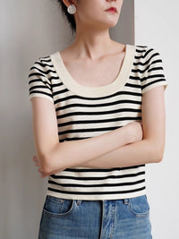 U-neck Striped Short-Sleeved Knit_BDHL4788