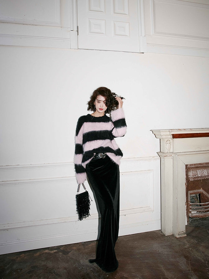 Black velvet long skirt_BDHL5488
