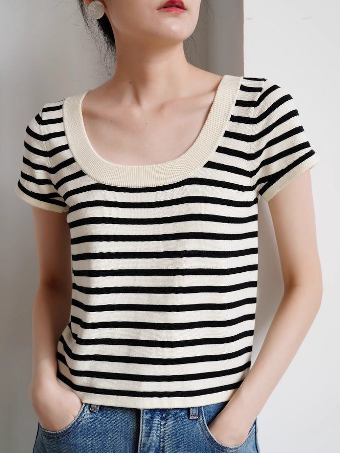 U-neck Striped Short-Sleeved Knit_BDHL4788