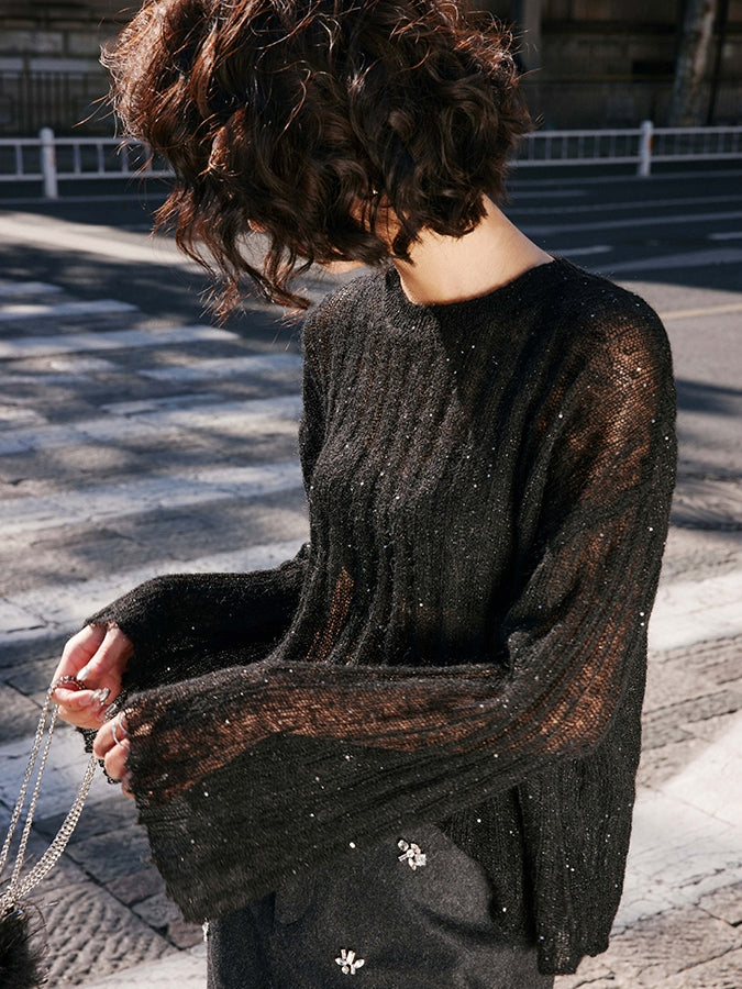 Bell sleeve see-through sweater with sequins_BDHL5480