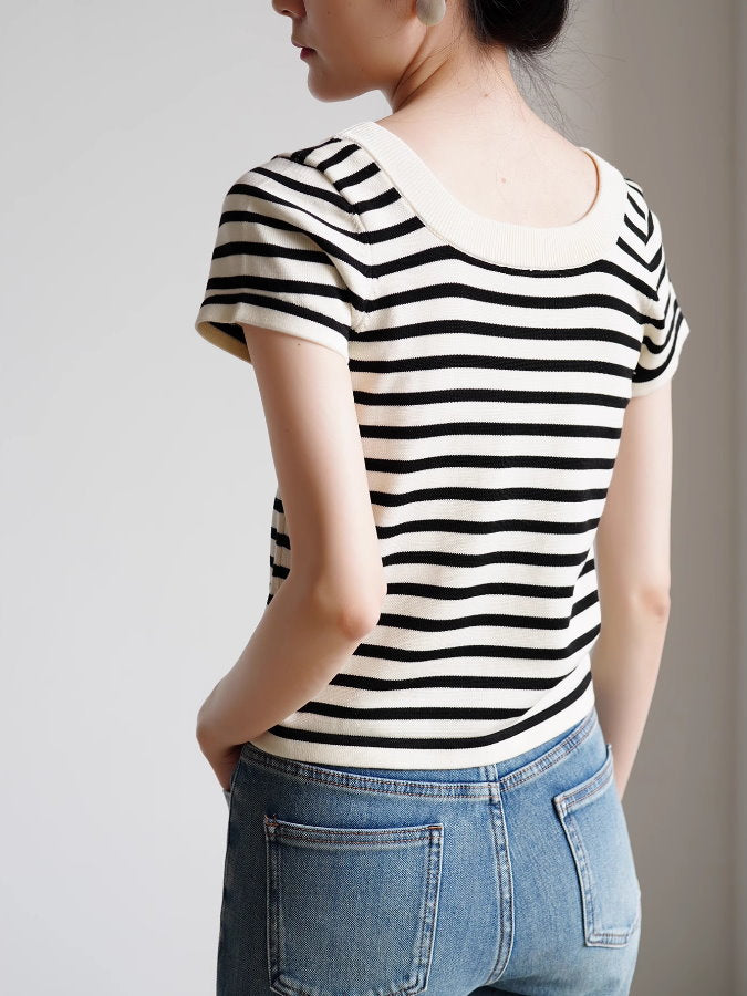 U-neck Striped Short-Sleeved Knit_BDHL4788