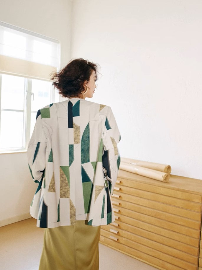 Geometric  irregular pattern design V-neck blazer_BDHL5812