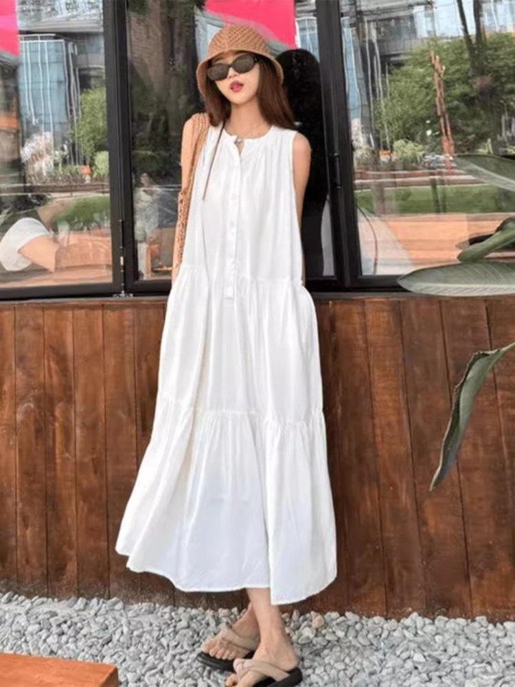 White Sleeveless Tiered Dress_BDHL6186