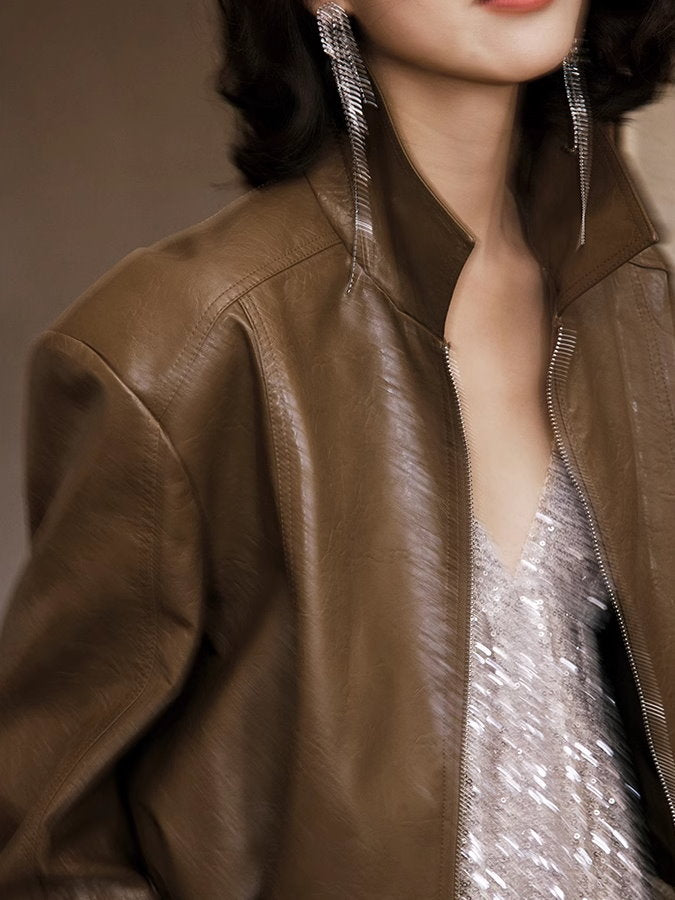 Eco leather zip-up short jacket_BDHL4926