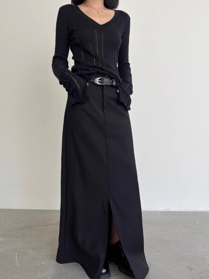 Front slit straight long skirt_BDHL5007 - HELROUS