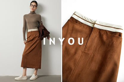 Calf-length brown pricing skirt_BDHL5520