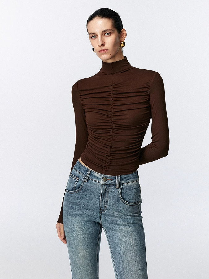 Stitched gathered half turtleneck shirt_BDHL5028