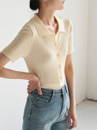 Polo Rib Knit Short-Sleeved Cardigan_BDHL4560