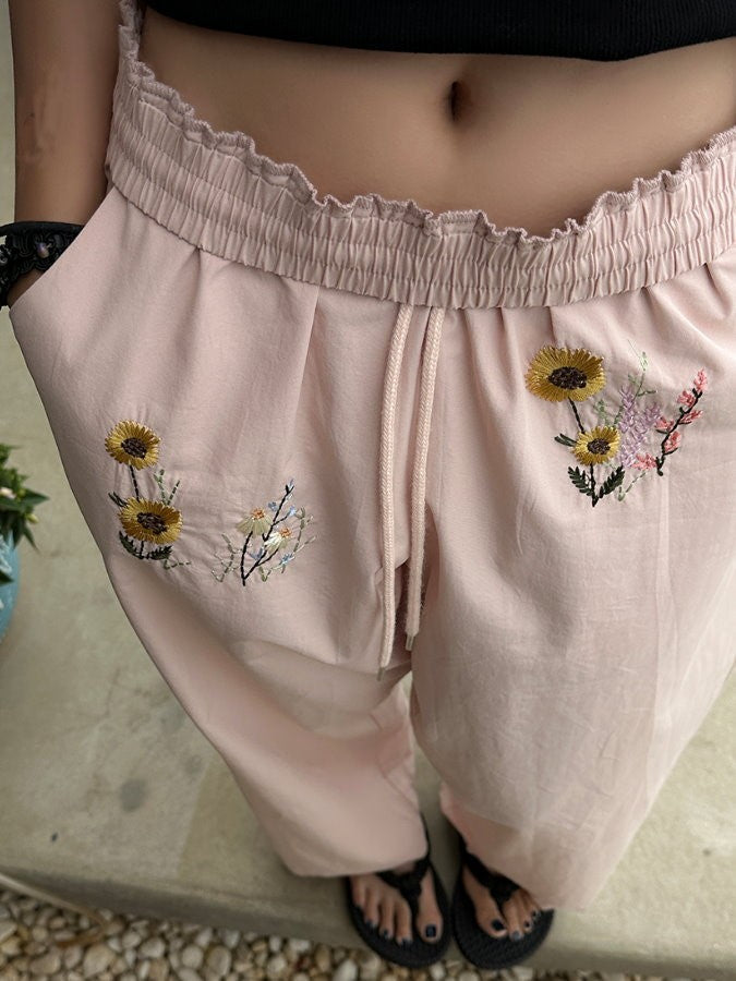 Flower Embroidery Wide Leg Pants_BDHL4632
