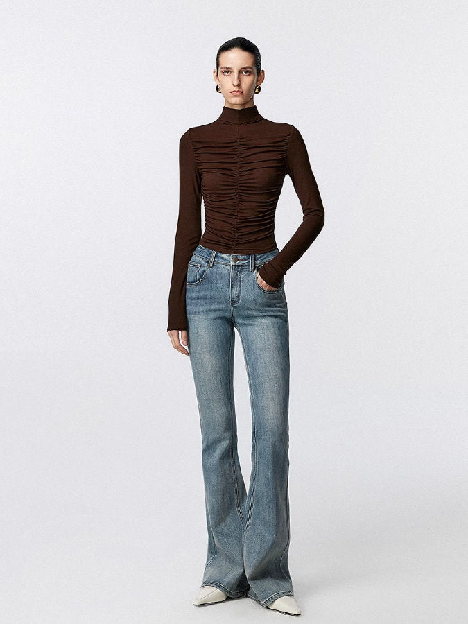 Stitched gathered half turtleneck shirt_BDHL5028