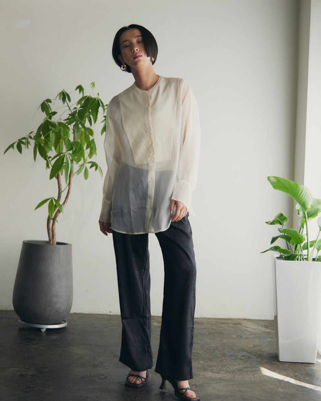 【即納】Band Collar Yoke Sheer Blouse_LCHK252LCHK253LCHK254LCHK255