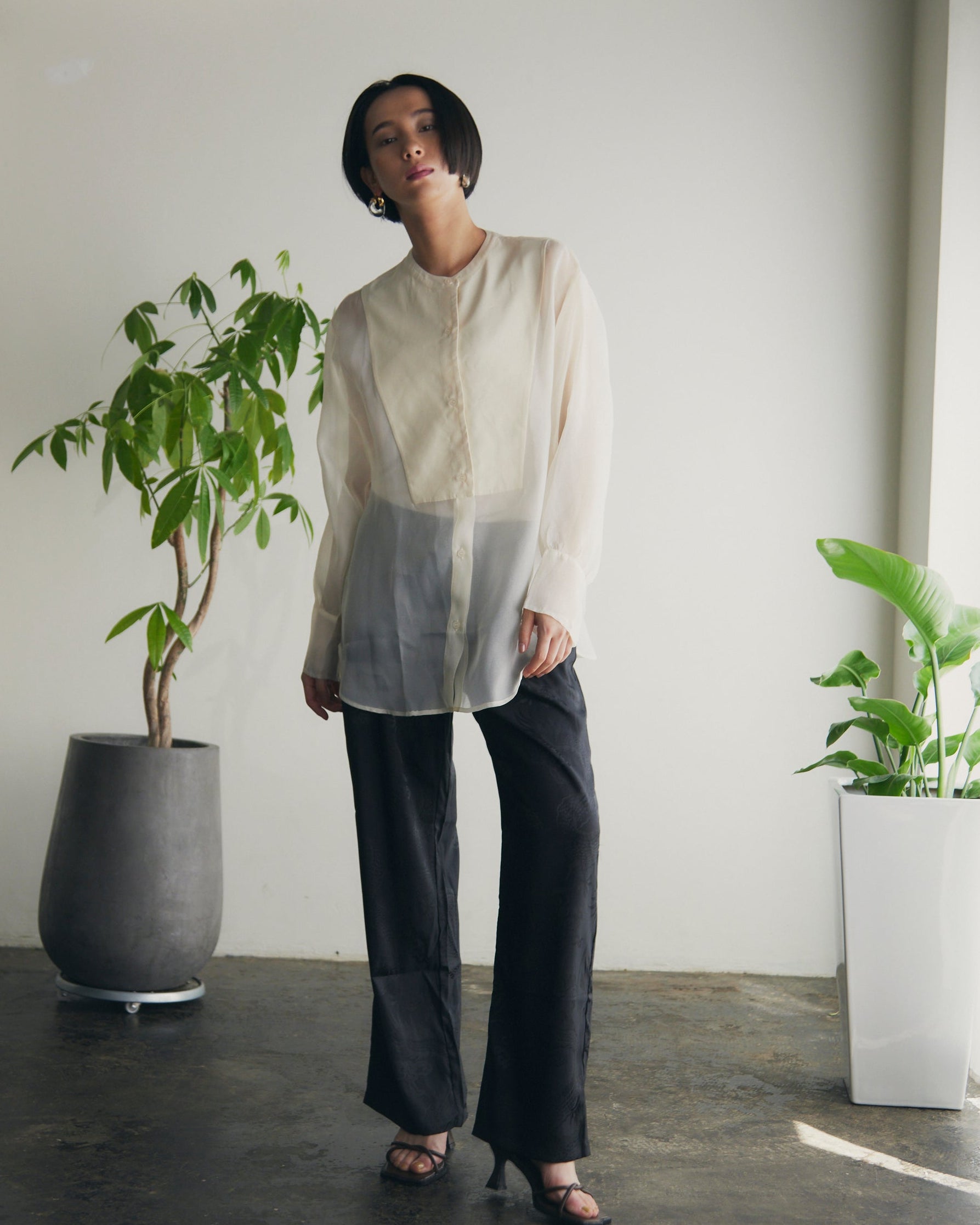 【即納】Band Collar Yoke Sheer Blouse_LCHK252LCHK253LCHK254LCHK255