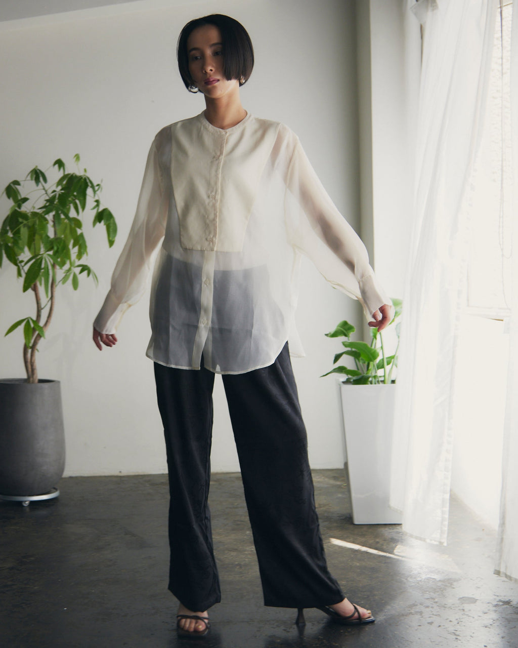 【即納】Band Collar Yoke Sheer Blouse_LCHK252LCHK253LCHK254LCHK255