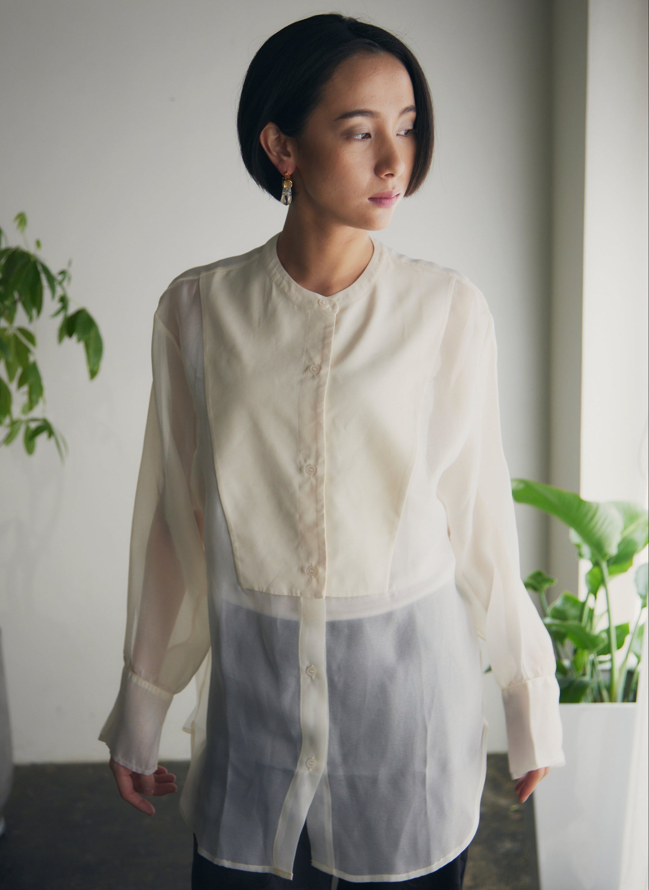 【即納】Band Collar Yoke Sheer Blouse_LCHK252LCHK253LCHK254LCHK255