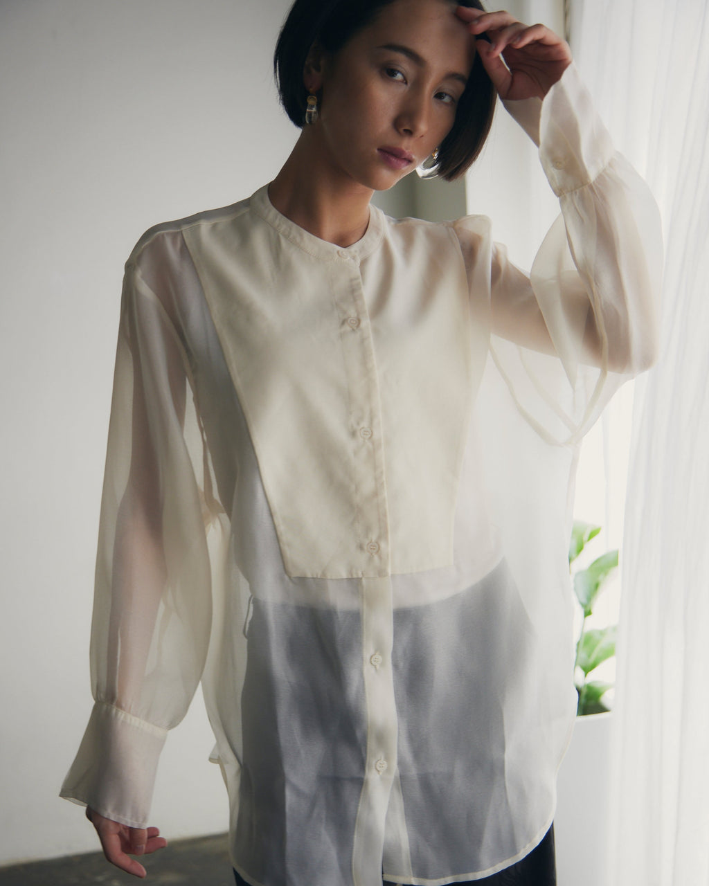 【即納】Band Collar Yoke Sheer Blouse_LCHK252LCHK253LCHK254LCHK255