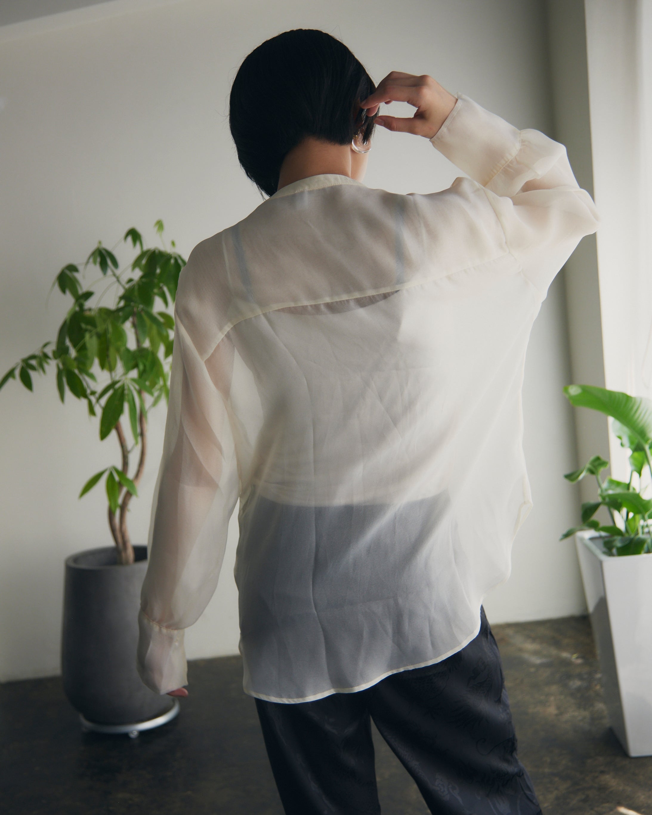 【即納】Band Collar Yoke Sheer Blouse_LCHK252LCHK253LCHK254LCHK255