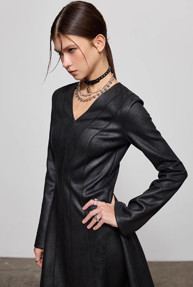 V-neck back zipper long sleeve dress_BDHL5566