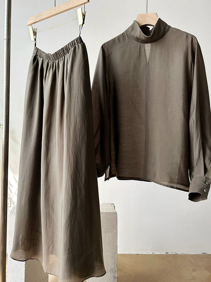 High Neck Shirt & Flared Skirt Set-Up_BDHL4611