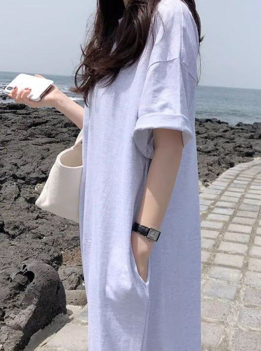 Oversized Short-Sleeved Slit Dress_BDHL6270