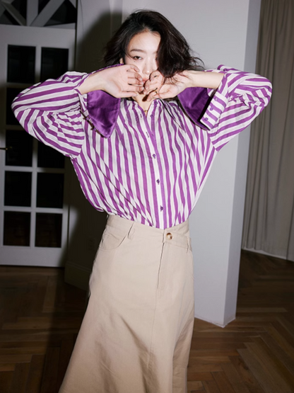Purple striped shirt with satin cuffs_BDHL4967