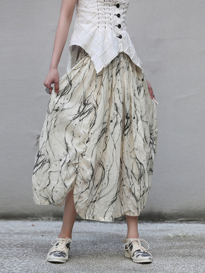 Wrinkled Ink Print Balloon Skirt_BDHL4589