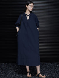 Open Tie V-Neck Mid Sleeve Dress_BDHL4620